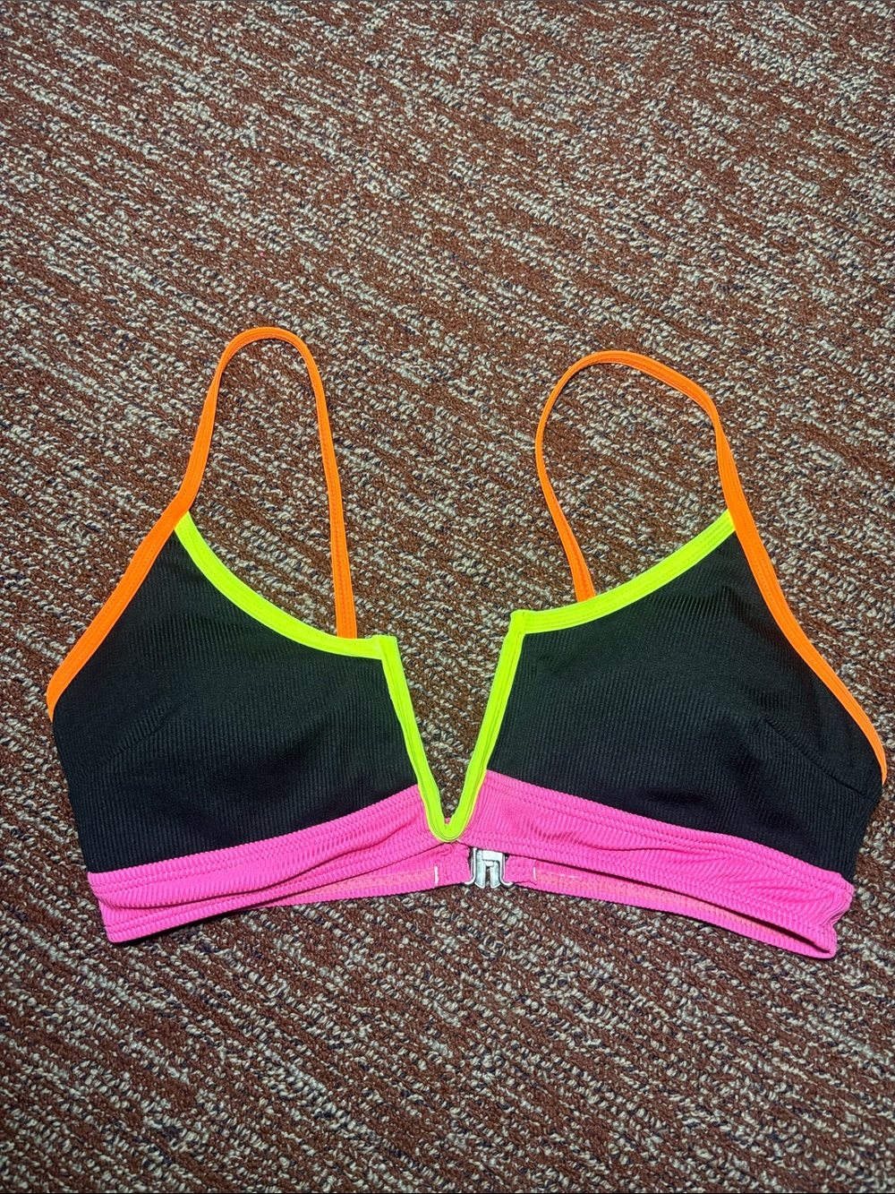 Neon trim v neck bikini black ribbed high waisted y2k style swimsuit women’s S - Picture 3 of 14